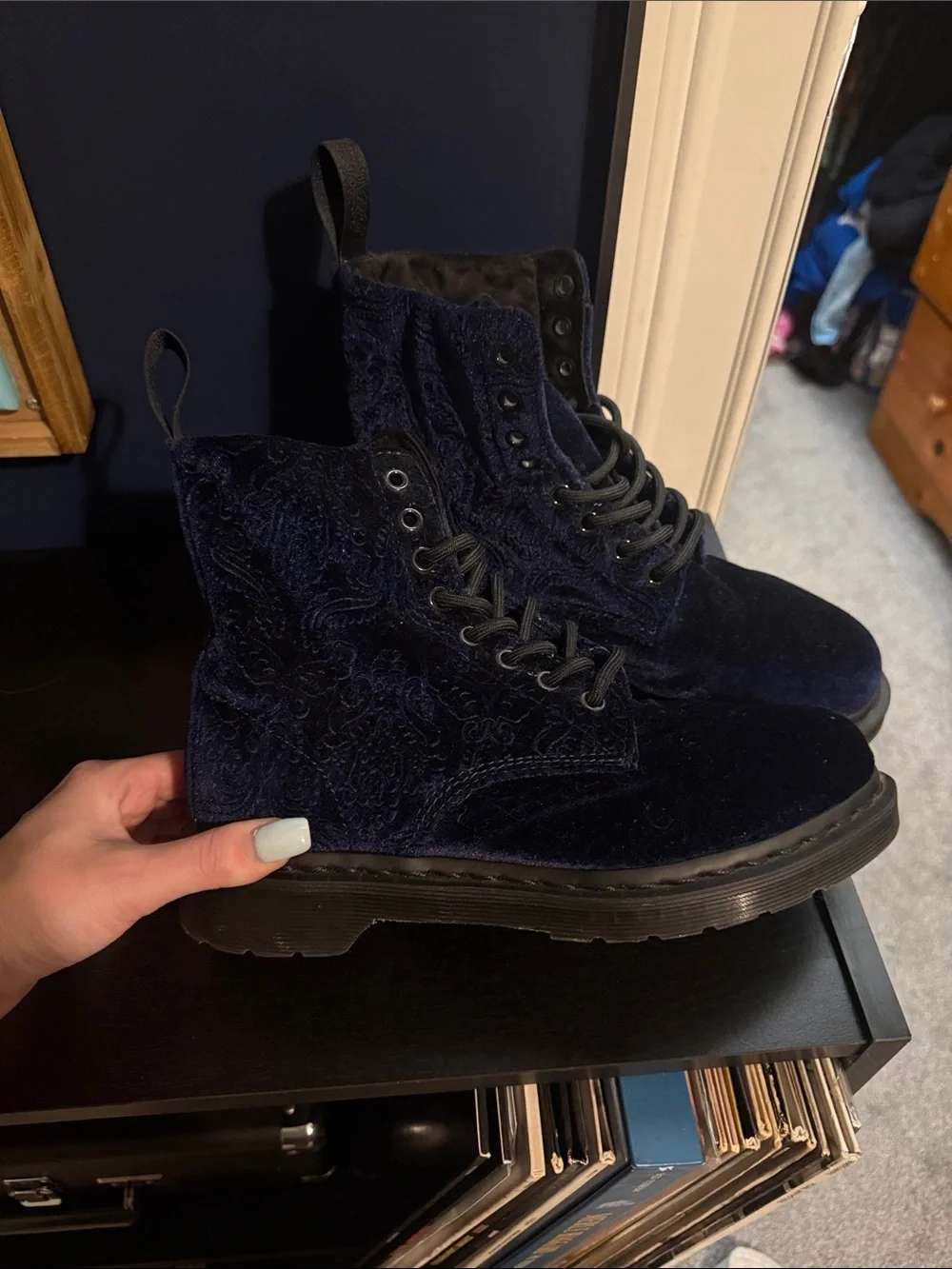 Women’s Navy Velvet Lace-Up Dr. Marten Boots